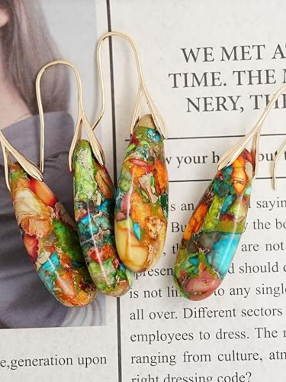 💎 Natural Stone Fishhook Dangle Earrings – Statement Style - Picture 4 of 7